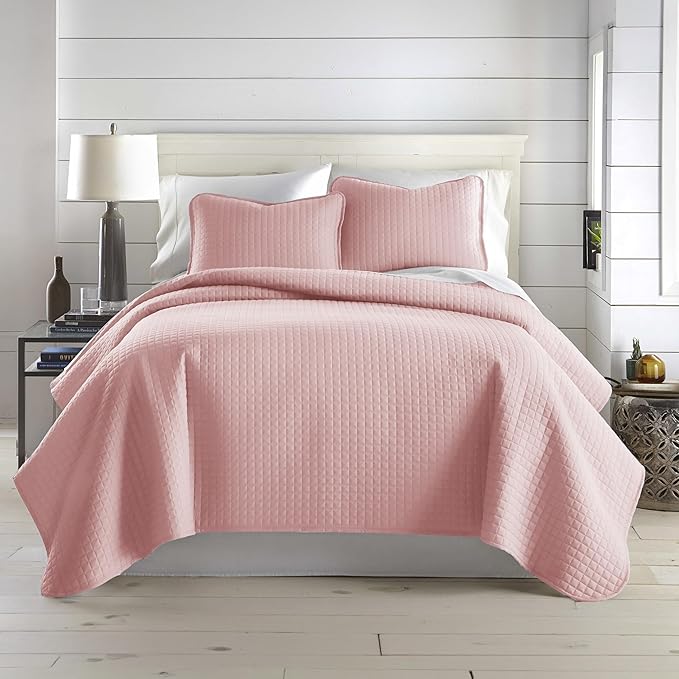 Southshore Fine Living, Inc. Stitched Pink Queen Quilt Bedding Set, Oversized Quilts Queen Size/Full, Pet Hair Resistant Bedding, Soft Cozy Bedspread, Full Size Coverlet, 2 Pillow Shams, Pastel Pink
