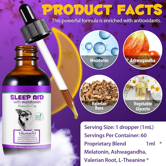 Dog Melatonin, Melatonin for Dogs, Liquid Melatonin for Dogs Supports Relaxation, Reduce Anxiety and Stress, Promotes Overall Well-Being, Dog Herbal Supplement