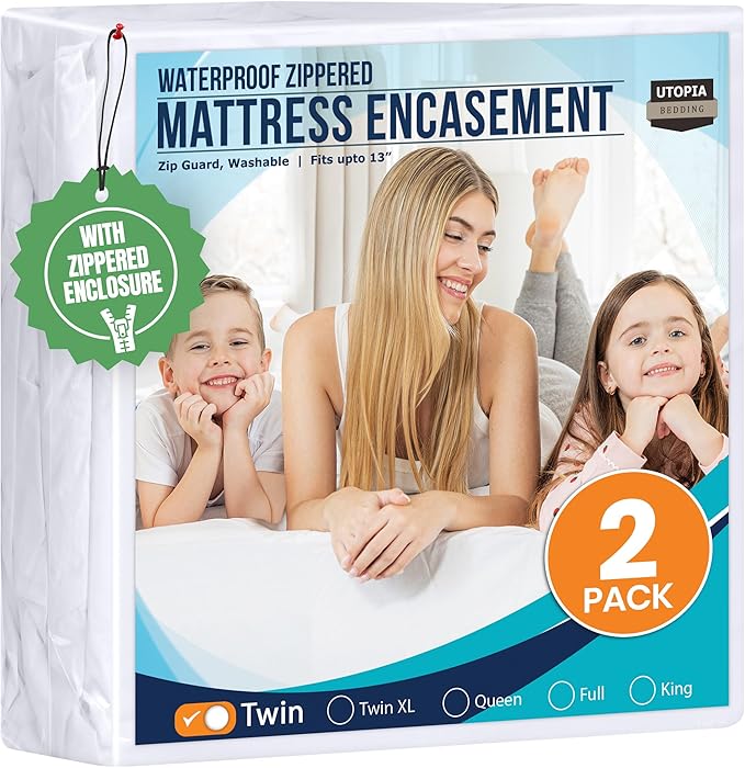 Utopia Bedding Mattress Protector Zippered Twin Size (Pack of 2), 100% Waterproof Bed Bug and Dust Mite Proof Mattress Encasement, Absorbent 6 Sided Mattress Cover