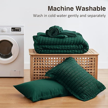 Love's cabin Seersucker Dark Green Twin Comforter Set, 5-Piece All Season Lightweight Bed in a Bag Bedding Set with Comforter, Flat Sheet, Fitted Sheet, Pillowcase and Sham | Soft, Breathable, Lightweight