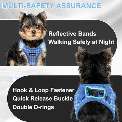 AIITLE Breathable Mesh Dog Vest Harness, No Pull Escape Proof Vest Harnesses with Reflective Bands, Adjustable Plaid Pet Outdoor Harnesses for Small and Medium Dogs Blue M