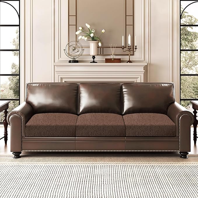 ANARACHON Leather Look Couch Cushion Covers Sofa Seat Slipcovers Sets Couches Furniture Protector for Sectional Armchair Loveseat Pets Kids Stretch Spandex Fabric (3 Cushion Sofa, Brown)
