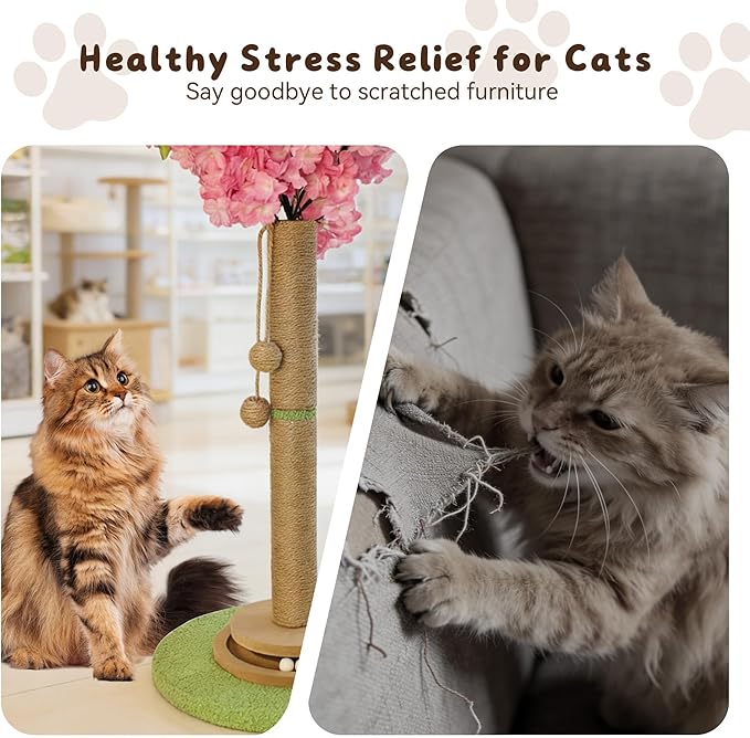 Cherry Blossom Cat Scratching Post, 36" Tall Natural Sisal Sturdy Base Tower with Interactive Trackball Toy for Indoor Kittens & Large Felines, Japanese Aesthetic Floral Furniture Decor