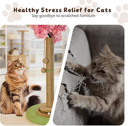 Cherry Blossom Cat Scratching Post, 36" Tall Natural Sisal Sturdy Base Tower with Interactive Trackball Toy for Indoor Kittens & Large Felines, Japanese Aesthetic Floral Furniture Decor