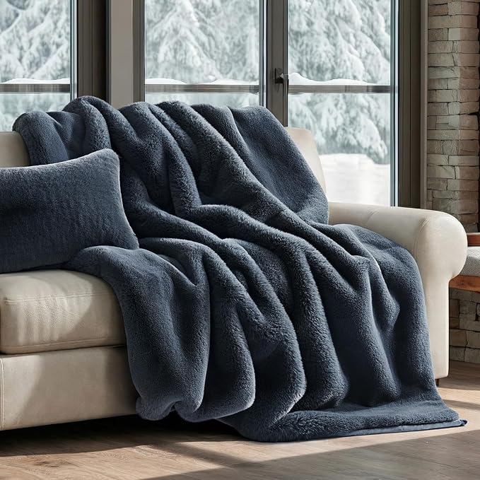 EVERGRACEHOME Luxury Soft Faux Chinchilla Fur Throw Blanket for Couch, Warm Thick Heavy Winter Throw Blanket 1220GSM for Bed, Fluffy Cozy Mink Blanket with Reversible Velvet, Stormy Blue Mink, 50"x60"