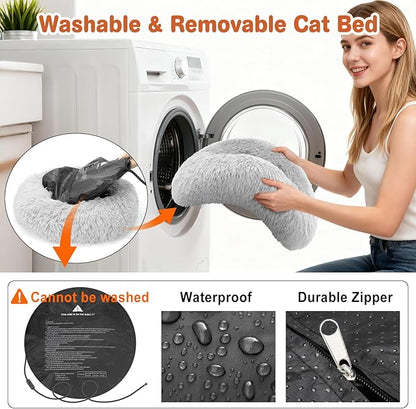 Heated Cat Beds for Indoor Cats and Small Dogs, 24'' Heated Pet Bed with Timer and Temp Adjustable, Cozy Fluffy Round Calming Pet Beds Removable Washable Cover USB Electric Warm Cat Bed- Light Gray