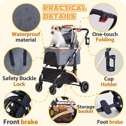 Pet Stroller for Small Dogs, Lightweight Small Dog Stroller for Dogs Cats with 6 Shock Absorption System, Detachable Carrier Suitable for Car Seat & Hand Carry, Safe Outings, Gray