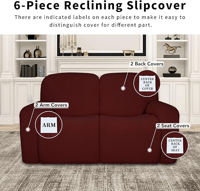 Easy-Going 100% Dual Waterproof Recliner Loveseat Cover, 6-Pieces Stretch Relining Sofa Cover with Pocket, Jacquard 2 Seat Sofa Slipcover Leakproof Washable (Loveseat, Wine)