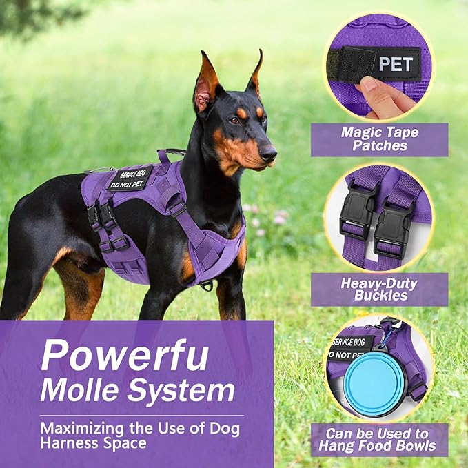 No Pull Tactical Dog Harness for Large Dogs, Escape Proof Molle Dog Vest Harness and Leash Set, Adjustable Military Service Dog Harness with Handle for Medium Large Dogs(Purple, XL)