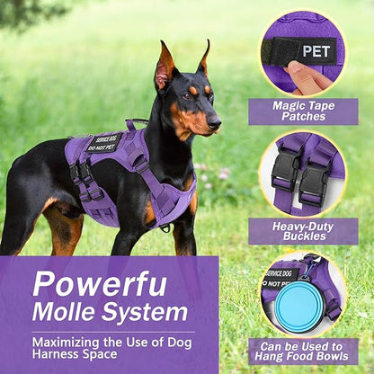 No Pull Tactical Dog Harness for Small Dogs, Escape Proof Molle Dog Vest Harness and Leash Set, Adjustable Military Service Dog Harness with Handle for Medium Large Dogs (Purple, Small)