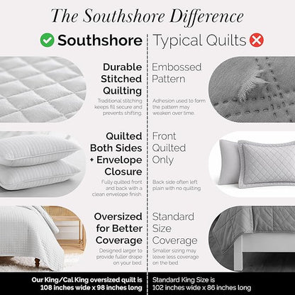 Southshore Fine Living, Inc. Oversized Quilt King Size Set, Grey Bedspread King/California Size with 2 Matching Pillow Shams, Soft Microfiber Coverlet, Easy Care, Machine Wash, Light Grey
