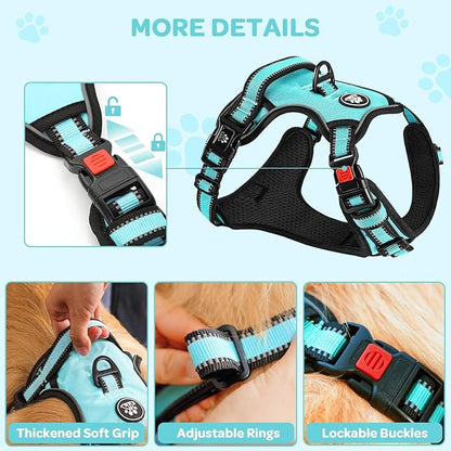 FURRYFECTION Plaid Dog Harness for Large Dogs, Reflective No Pull Adjustable Pet Vest with Front Clip, Leash, Easy Control Handle and Seat Belt, Turquoise, XL