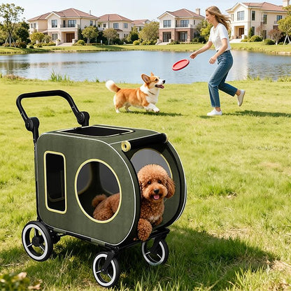 kepptory Dog Stroller with Large Dog House, XL Pet Stroller for 2 Small Dogs with Panoramic Sunroof, Adjustable Handle, Storage Organizer and Sturdy Metal Frame,32.4Lx19.3Wx23.6H(House Size)
