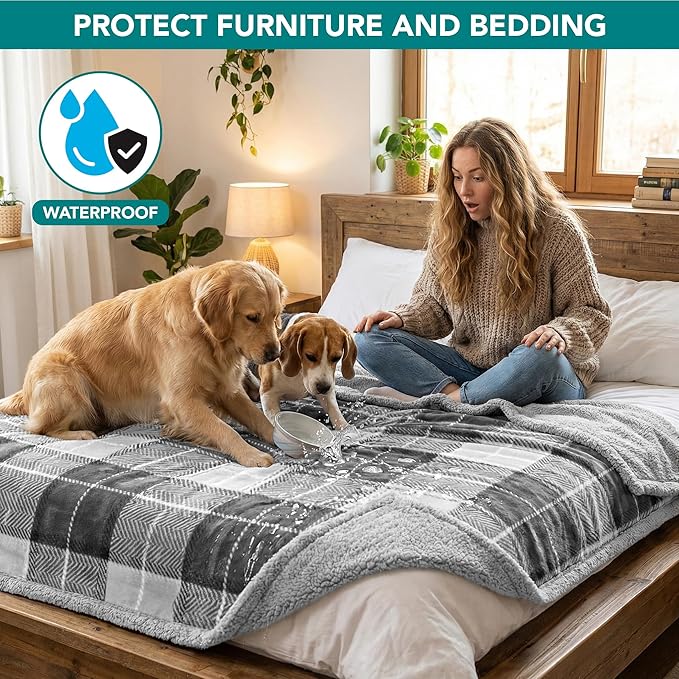 PetAmi Waterproof Dog Blanket for Medium Large Dog Puppy Cat Throw for Couch Cover Leakproof Protection, Sherpa Fleece, Reversible Soft Washable 60x40 Plaid Light Gray
