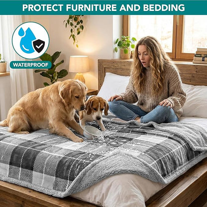 PetAmi Waterproof Dog Blanket for Medium Large Dog Puppy Cat Throw for Couch Cover Leakproof Protection, Sherpa Fleece, Reversible Soft Washable 60x40 Plaid Light Gray