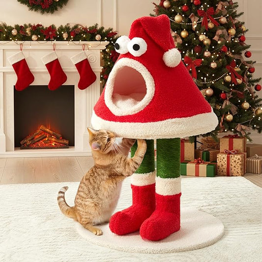 32" Cat Tree Tower –Santa Hat Design with Scratching Posts & Cozy Bed, Suitable for Small to Large Cats, Red