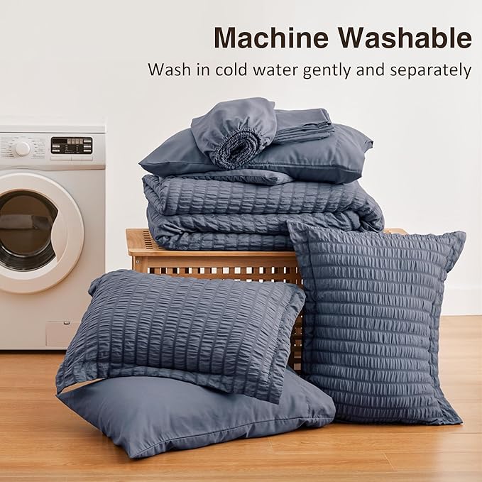 Love's cabin Seersucker Navy Blue Queen Comforter Set, 7-Piece All Season Lightweight Bed in a Bag Bedding Set with Comforter, Flat Sheet, Fitted Sheet, Pillowcases and Shams | Soft, Breathable, Lightweight