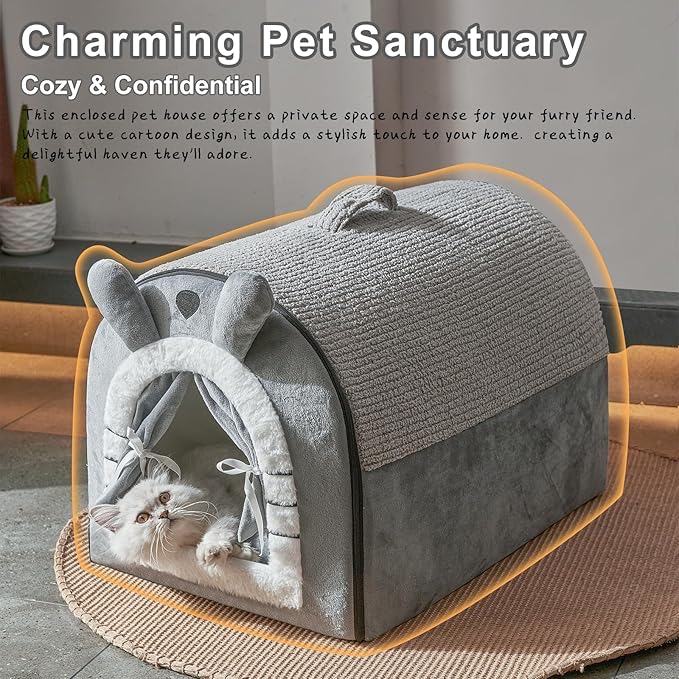 Jiupety Small Dog House Indoor, Cat House with Door Curtain Design, Puppy House with Reversible Washable Cushion, M Size Portable Pet Cave for 7-13 lb Cats and 5-11 lb Dogs, Non-Slip Bottom, Grey