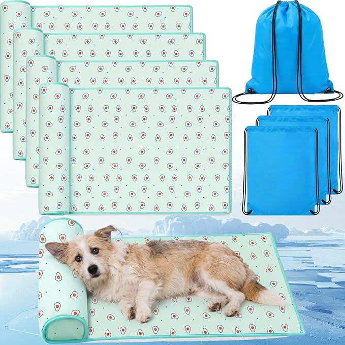 DoubleFill 4 Pack Cooling Dog Mats with Supportive Pillow 15.7" x 23.6" Self Cooling Dog Pads Ice Silk Washable Pet Cool Mat Summer Cat Sleeping Pad with Storage Bag for Crate Bed Floor (Small, Green)