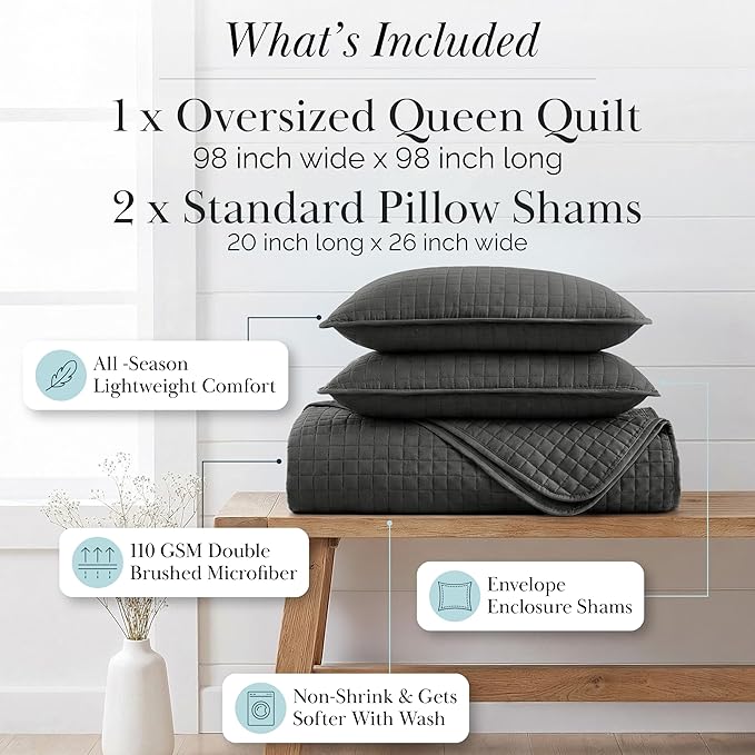 Southshore Fine Living, Inc. Summer Bedspreads Queen Size Set, Full/Queen Quilt Bedspread with 2 Matching Pillow Shams, Soft Microfiber Comforter Set, Lightweight Quilts Coverlet, Slate Grey Quilts