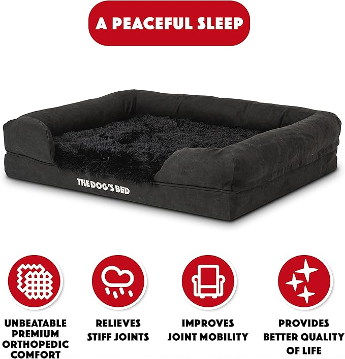 The Dog’s Bed Orthopedic Memory Foam Dog Bed with Bolsters for Medium Dogs, Waterproof Washable Cover, Anti-Slip Base, Calming Surface – CertiPUR-Certified Foam, Fur Fabric, Black Fur, Medium