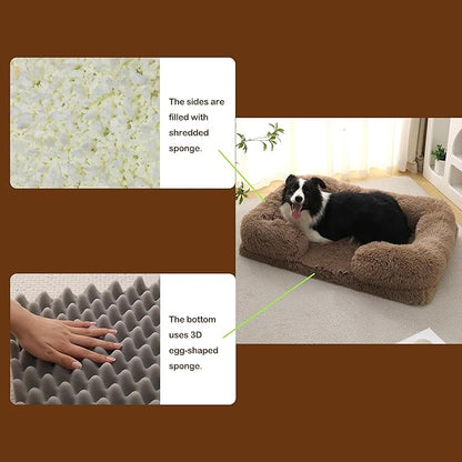 Orthopedic Dog Bed for XXL Dogs - Washable Memory Foam Pet Sofa, Fluffy Plush Rectangular Bed, Waterproof Anti-Anxiety Couch, Khaki, XXL
