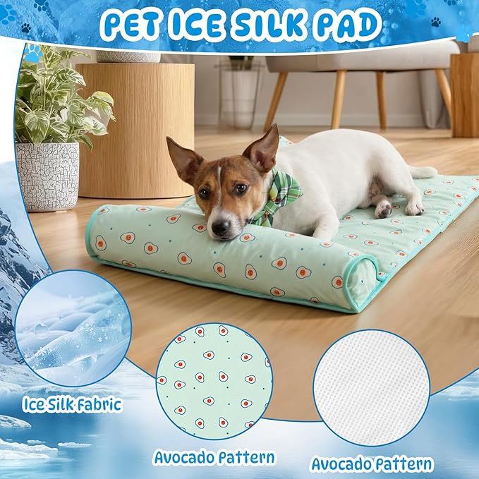 DoubleFill 4 Pack Cooling Dog Mats with Supportive Pillow 23.6" x 31.5" Self Cooling Dog Pads Ice Silk Washable Pet Cool Mat Summer Cat Sleeping Pad with Storage Bag for Crate Bed Floor (Large, Green)