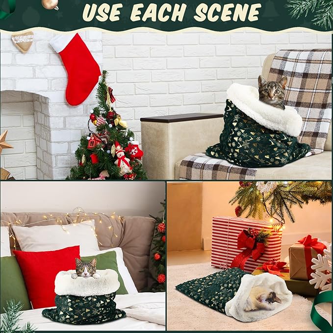Self Heating Cat Sleeping Bag Self Warming Cat Bed Cave Forest Green Heated Pad Cozy Soft Winter Washable Wrap Pet Sleeping Pouch Snuggle Sack for Puppy Dog Kitten, 24 x 21 Inch