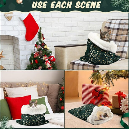 Self Heating Cat Sleeping Bag Self Warming Cat Bed Cave Forest Green Heated Pad Cozy Soft Winter Washable Wrap Pet Sleeping Pouch Snuggle Sack for Puppy Dog Kitten, 24 x 21 Inch