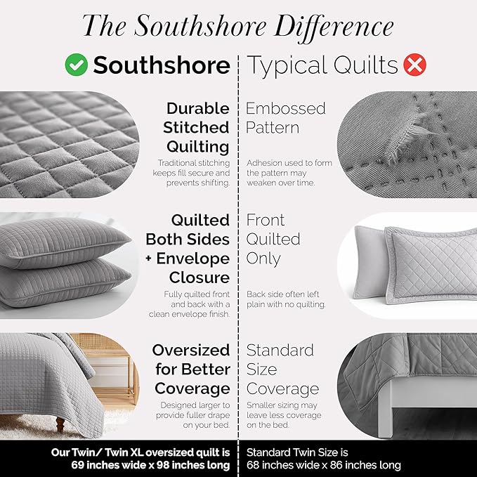 Southshore Fine Living, Inc. Twin XL Comforter Quilt Bedding Set, Dorm Room Bedding Essentials, Stain Resistant, Machine Washable Bedspread Twin XL Grey Quilt Bed Spread with Pillow Sham, Steel Grey