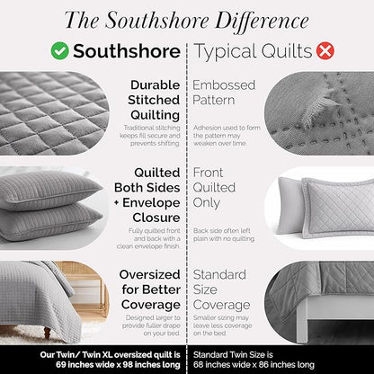 Southshore Fine Living, Inc. Twin XL Comforter Quilt Bedding Set, Dorm Room Bedding Essentials, Stain Resistant, Machine Washable Bedspread Twin XL Grey Quilt Bed Spread with Pillow Sham, Steel Grey
