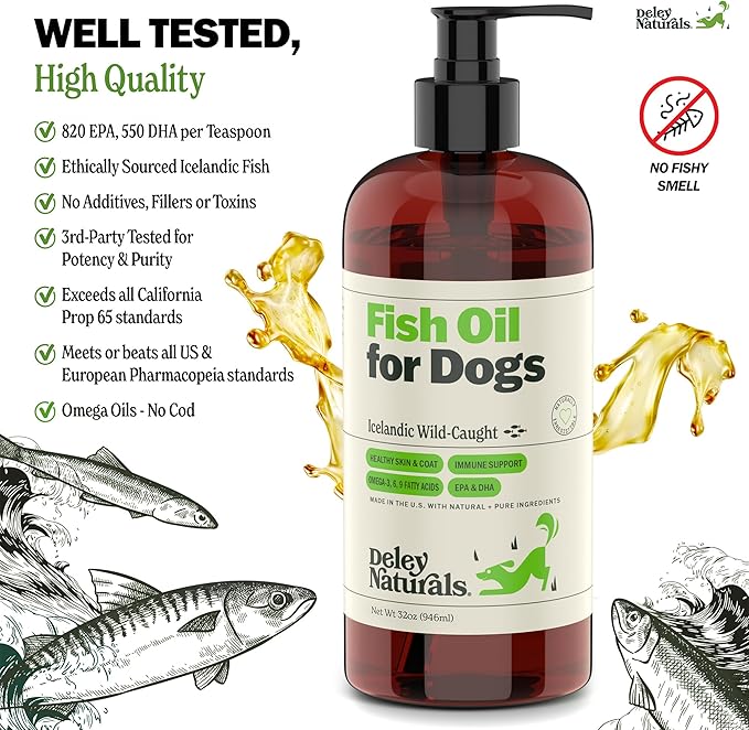 Deley Naturals Fish Oil for Dogs - Itch Relief for Dogs with Omega 3 6 9 for Skin, Joints, Heart and Brain Health - Icelandic Omega 3 Fish Oil for Dogs Skin Irritation - 32oz Omega Oil Made in USA