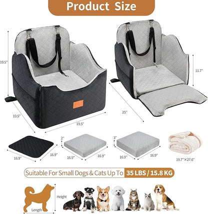 XEEP Dog Car Seat Bed for Small/Medium Dogs – Dog Booster Car Seat Up to 35 lbs -Use Travel Booster Seat with Memory Foam, Safety Belt, Bonus Urine Pad & Blanket, Removable Washable (Black/Grey)