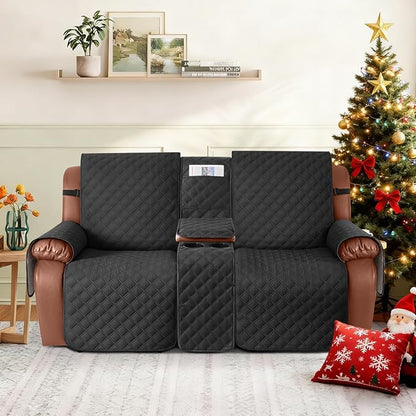 Ruaozz Waterproof Loveseat Recliner Cover with Console Non-Slip Reclining Couch Covers Split Sofa Slipcovers with Elastic Straps Furniture Protector for Kids, Dogs, Pets (Black, 2 Seater)
