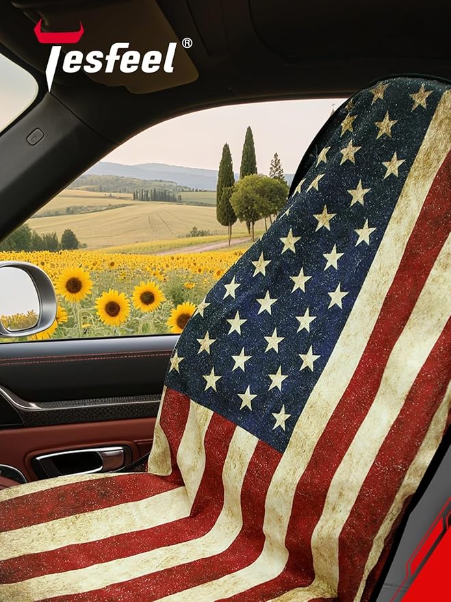 American Flag Car Seat Cover Towel, Waterproof Sweat Protector for Gym Post-Workout & Beach, Universal Fit for Sedans SUV Minivan, Machine Washable Non-Slip Bucket Seat Mat - 2 Pack