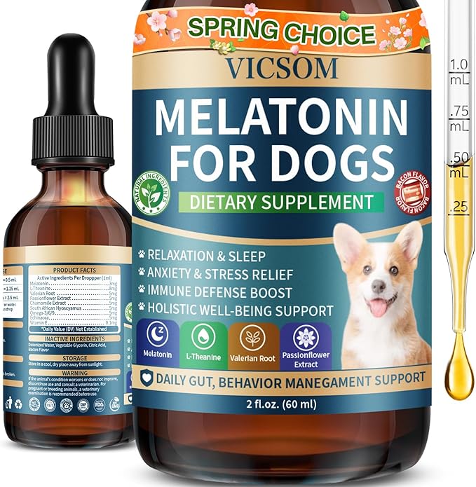Liquid Melatonin for Dogs, Dog Melatonin with L-Theanine for Small Medium Large Dog Sleep Aid, Stress & Anxiety Relief, Calm Aid for Dogs Puppies, Support Relaxation & Deep Sleep, 60ml