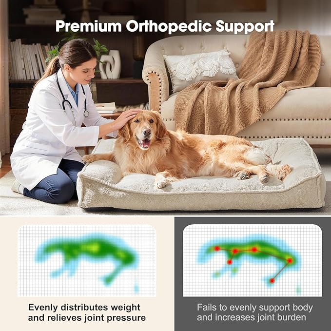 FURTIME Orthopedic Dog Beds Large Sized Dog, Extra Thick Supportive Comfort Pet Sofa, Ergonomic Slant Dog Couch Bed with Removable Washable Cover, Ultra Soft Surface & Non-Slip Bottom, Beige, 38"