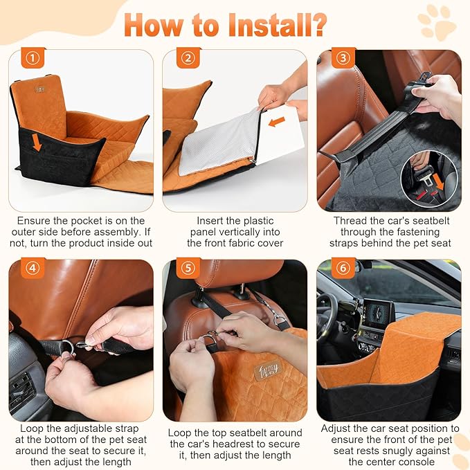 Elevated Dog Car Seat, Dog Booster Car Seats for Small & Medium Breeds Up to 35lbs, Fully Detachable and Washable, Memory Foam Pet Carseat with 2 Storage Pockets & 3 Safety Belts, Black + Brown