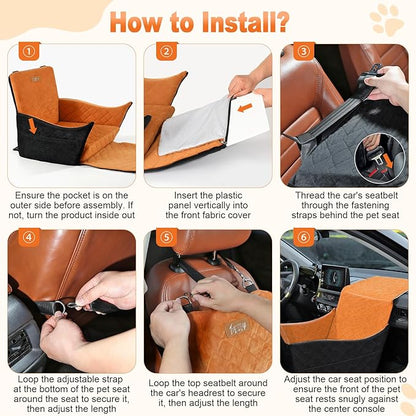 Elevated Dog Car Seat, Dog Booster Car Seats for Small & Medium Breeds Up to 35lbs, Fully Detachable and Washable, Memory Foam Pet Carseat with 2 Storage Pockets & 3 Safety Belts, Black + Brown