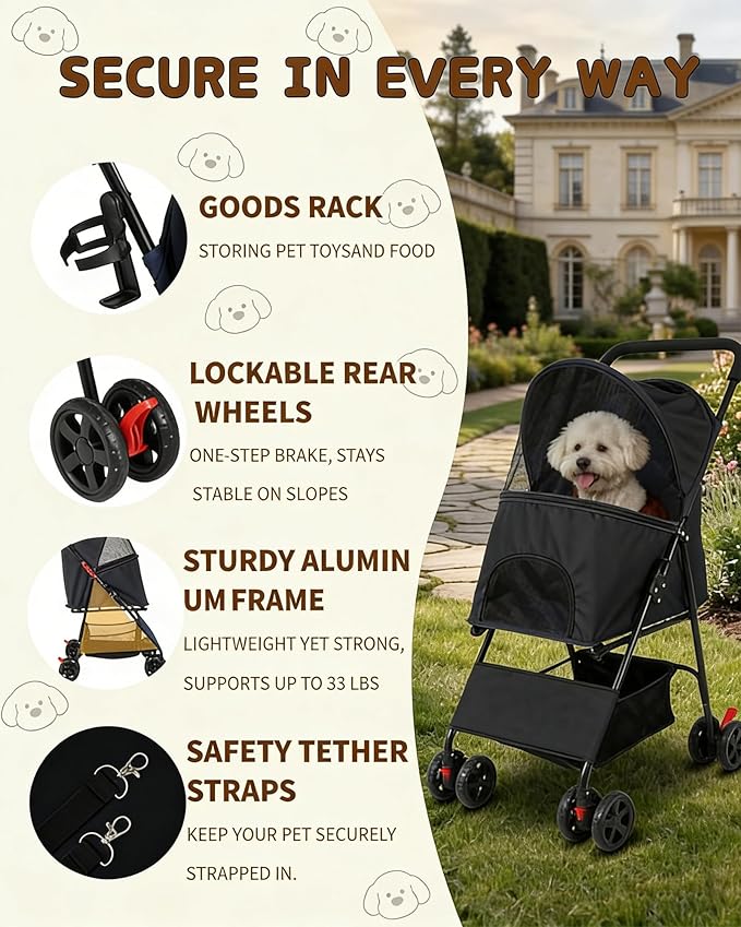Pet Stroller for Small Medium Dogs Cats - Lightweight 10lbs Foldable Dog Stroller, Breathable Mesh & Safety Tether, 33lbs Capacity with Locking Wheels, Storage Basket for Outdoor Walks-Black