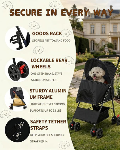 Pet Stroller for Small Medium Dogs Cats - Lightweight 10lbs Foldable Dog Stroller, Breathable Mesh & Safety Tether, 33lbs Capacity with Locking Wheels, Storage Basket for Outdoor Walks-Black