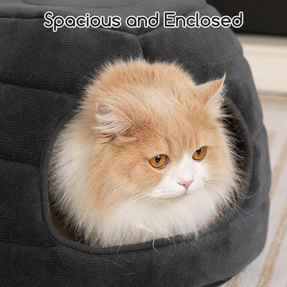 Hollypet Cat Bed Self-Warming 2 in 1 Foldable Kitty Cave House Nest Pet Sleeping Bed for Indoor Cats, Gray Igloo