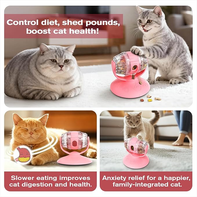 Rotating Interactive Cat Treat Dispenser Toy - Slow Feeder Puzzle for Indoor Cats-Pink