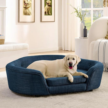 Dog Couch Bed with Oval Semi-Enclosed, Durable Linen Material Pet Sofa with Soft Foam Cushion, Dog Sofa Bed with Legs for Medium Dogs, Dark Blue