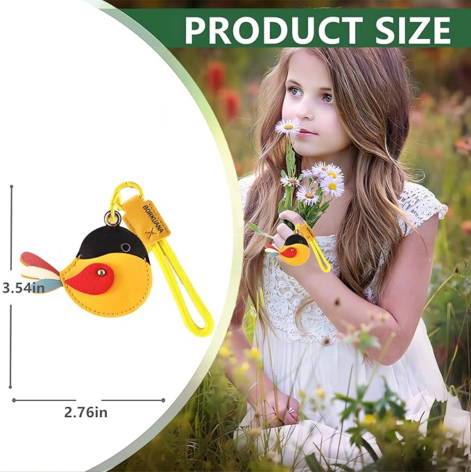 Leather Keychain Holder Case Compatible with AirTag,Cute Protective Cover with Keyring and Lanyard,Anti-Scratch Finder GPS Tracker Case for Wallet Keys,Bag,Pets,Backpack(Yellow Bird)