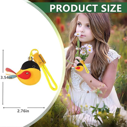 Leather Keychain Holder Case Compatible with AirTag,Cute Protective Cover with Keyring and Lanyard,Anti-Scratch Finder GPS Tracker Case for Wallet Keys,Bag,Pets,Backpack(Yellow Bird)