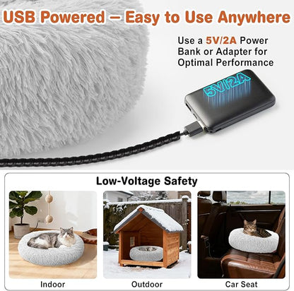 Heated Cat Beds for Indoor Cats and Small Dogs, 24'' Heated Pet Bed with Timer and Temp Adjustable, Cozy Fluffy Round Calming Pet Beds Removable Washable Cover USB Electric Warm Cat Bed- Light Gray