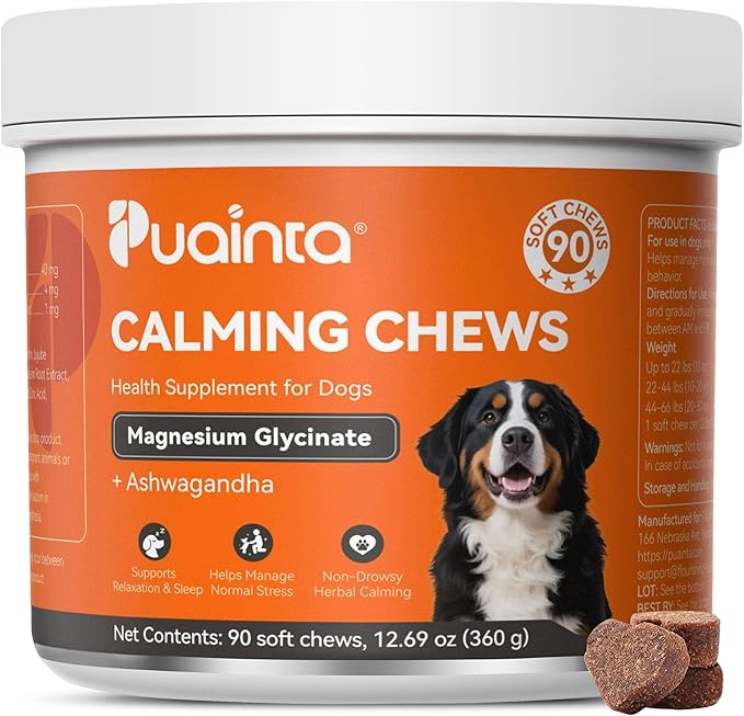 PUAINTA Dog Calming Chews – Magnesium Glycinate & Melatonin for Dogs, 4 Herbal Ingredients for Anxiety Relief, Stress & Travel Support, Chicken Flavor (90 Count)