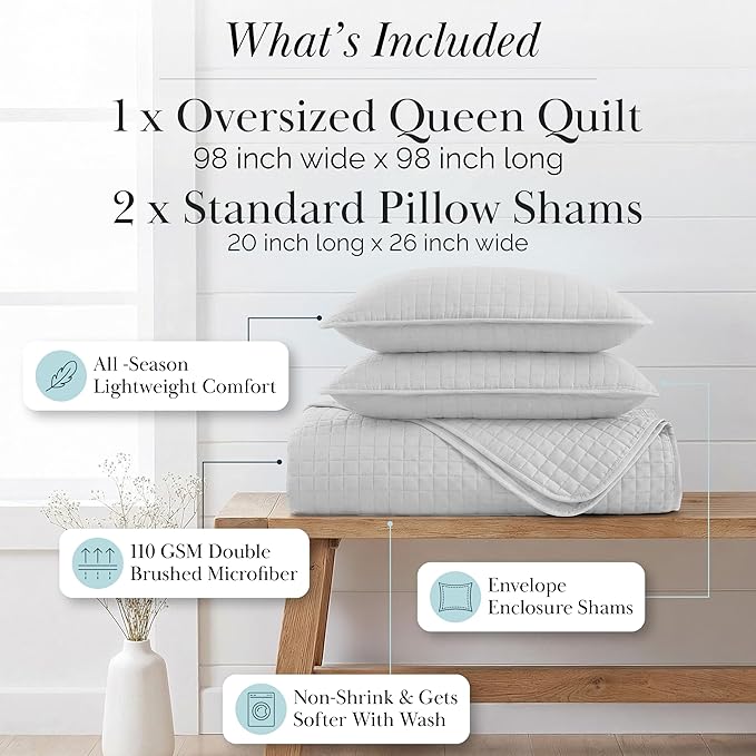 Southshore Fine Living, Inc. Queen Quilt Set, Full Size Bedspread with 2 Matching Pillow Shams, Soft Microfiber Lightweight Quilts, Queen Size Coverlet, Easy Care Quilted Bedding, Light Grey Quilt