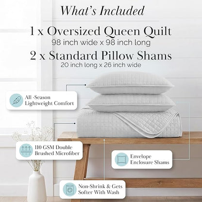 Southshore Fine Living, Inc. Queen Quilt Set, Full Size Bedspread with 2 Matching Pillow Shams, Soft Microfiber Lightweight Quilts, Queen Size Coverlet, Easy Care Quilted Bedding, Light Grey Quilt